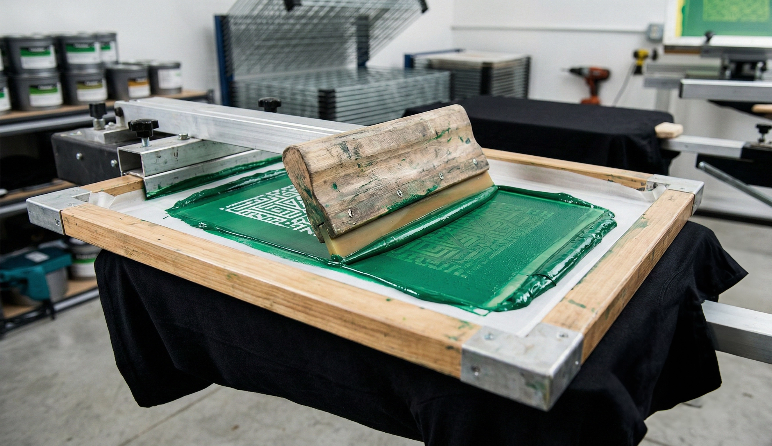 Siebdruck auf schwarzem T-Shirt – grüne Druckfarbe mit Rakel in der Printerado Werkstatt in Fürth