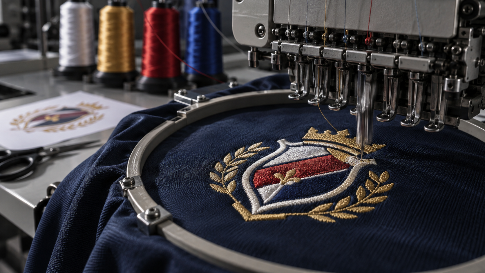 Stickmaschine stickt ein Vereinswappen in Rot, Gold und Weiß auf eine dunkelblaue Jacke