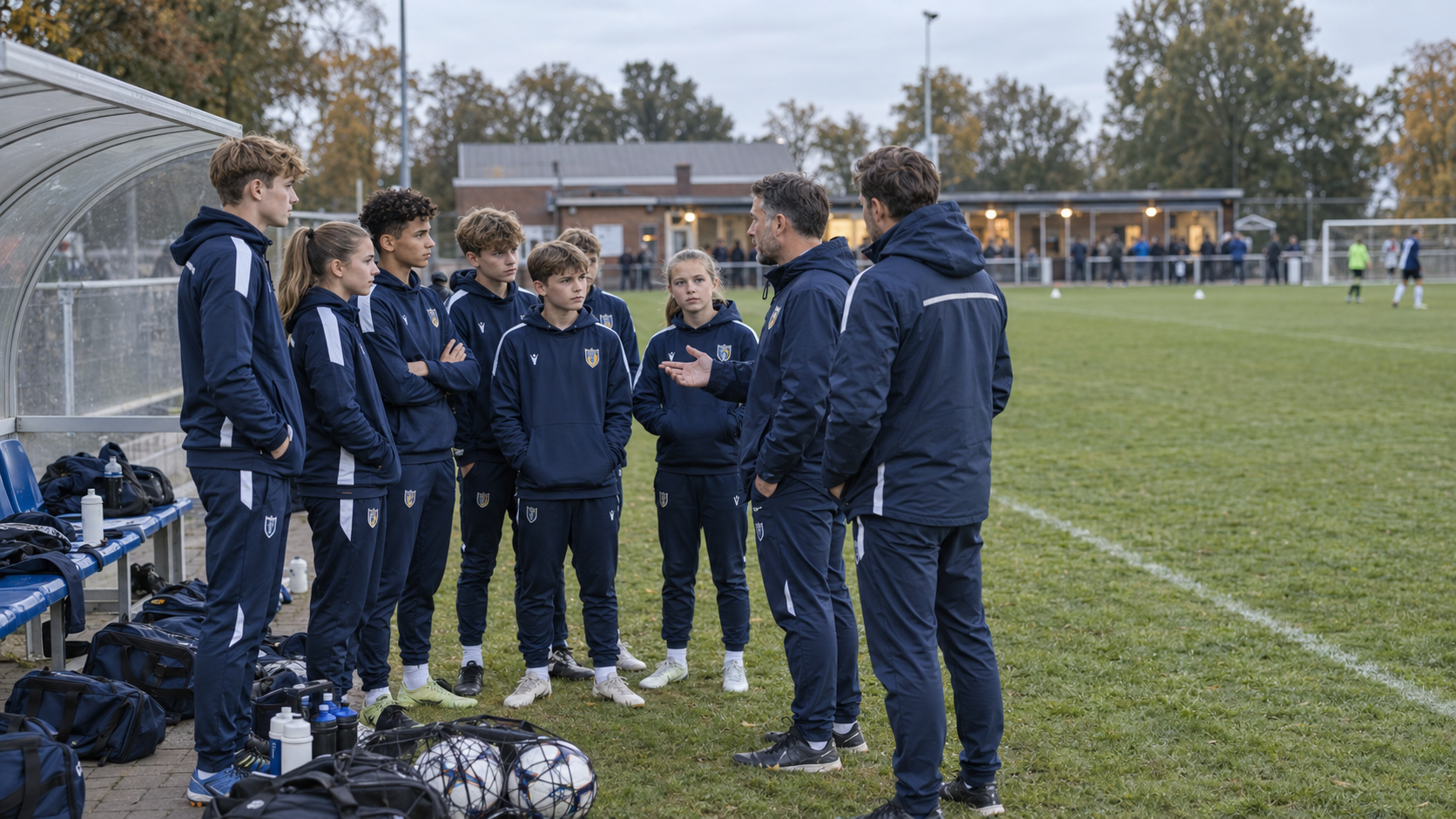 Jugendmannschaft mit Trainern in einheitlichen Trainingsjacken am Spielfeldrand
