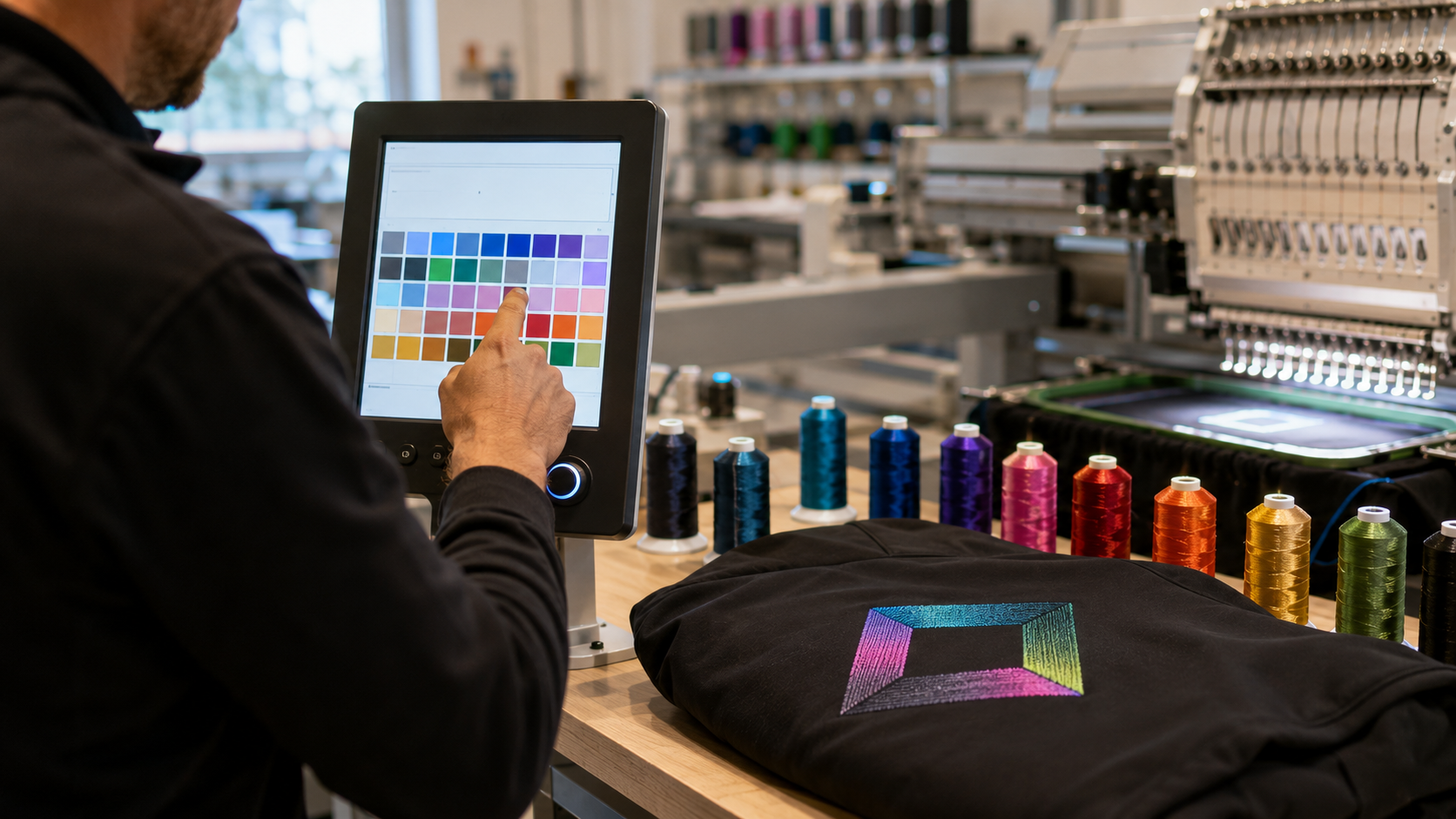 Farbauswahl am Touchscreen der Coloreel-Software – eigenes Stickgarn entwerfen bei Printerado Fürth