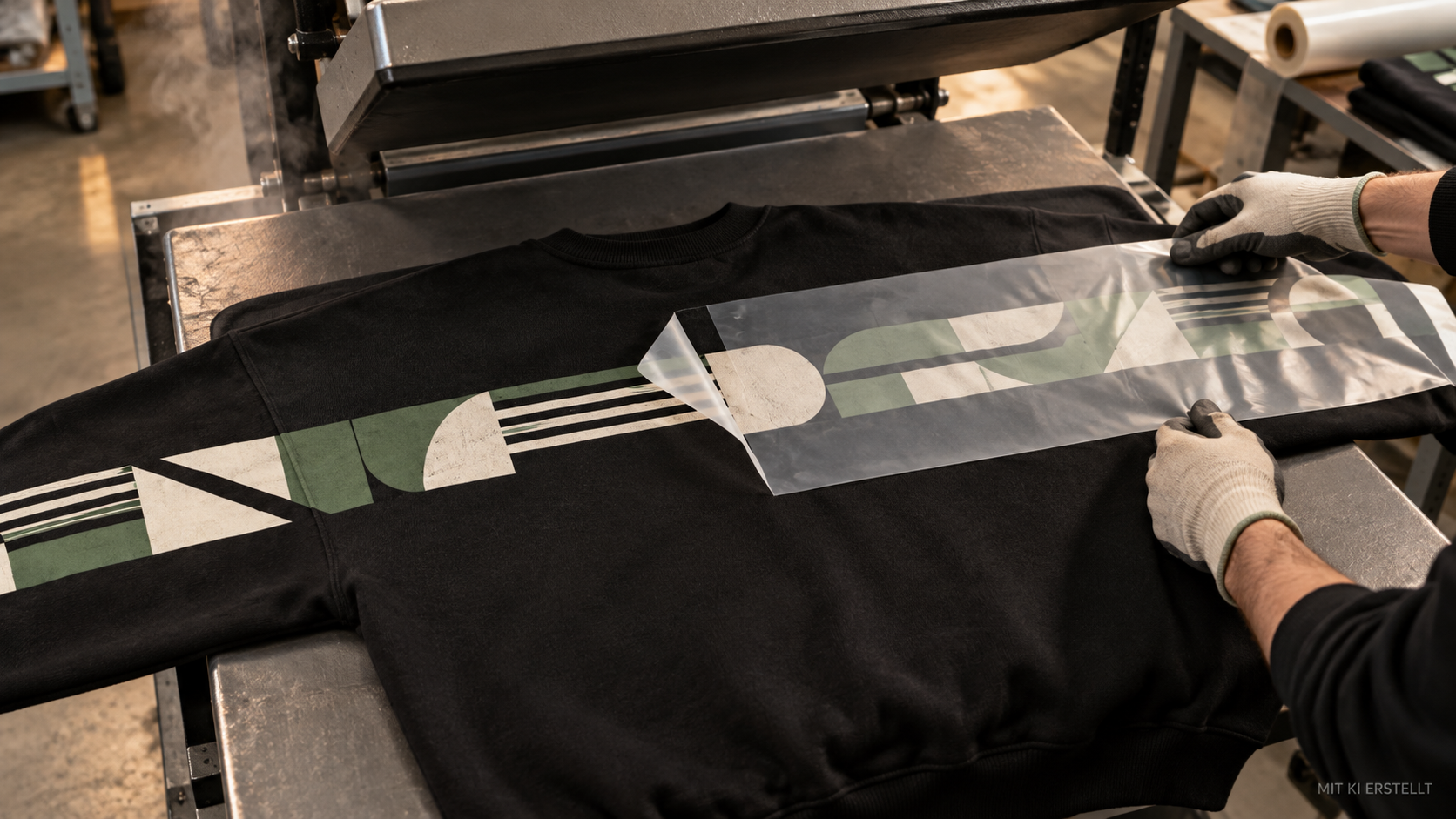 DTF-Transferfolie wird auf einer Transferpresse abschnittsweise auf Ärmel und Rücken eines Sweaters gepresst