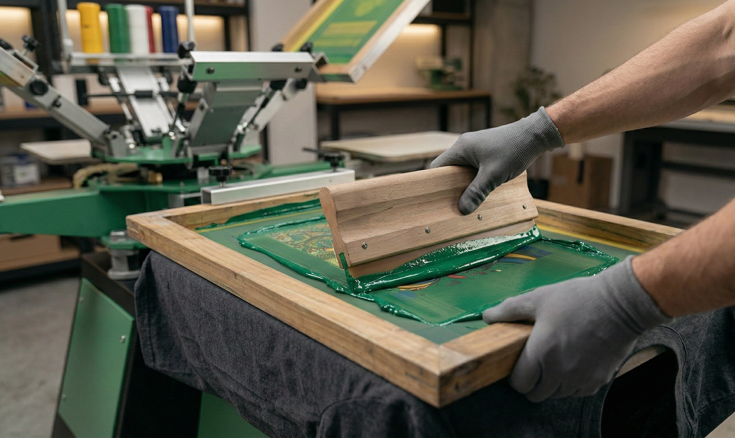 Siebdruck-Prozess: Fachkraft zieht grüne Druckfarbe mit Rakel über ein Sieb auf ein Textil – Printerado Textildruck Fürth