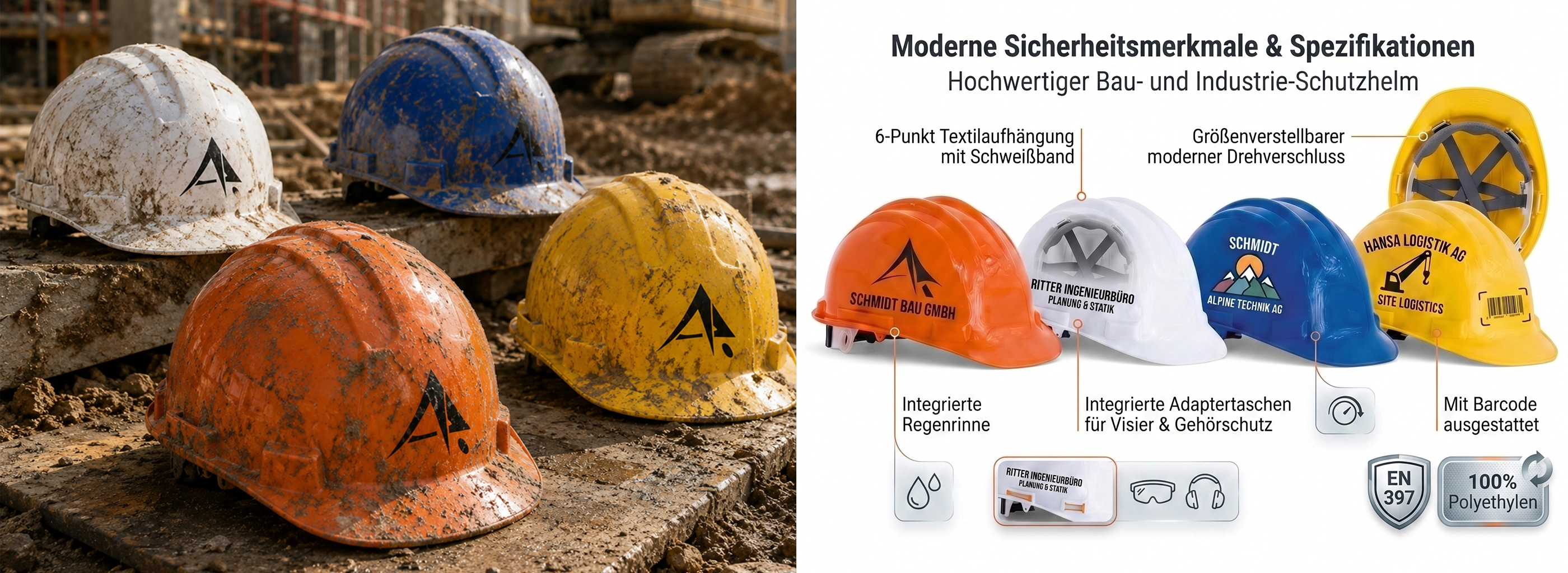 Infografik bedruckte Bauhelme – Übersicht der Druckmöglichkeiten bei Printerado