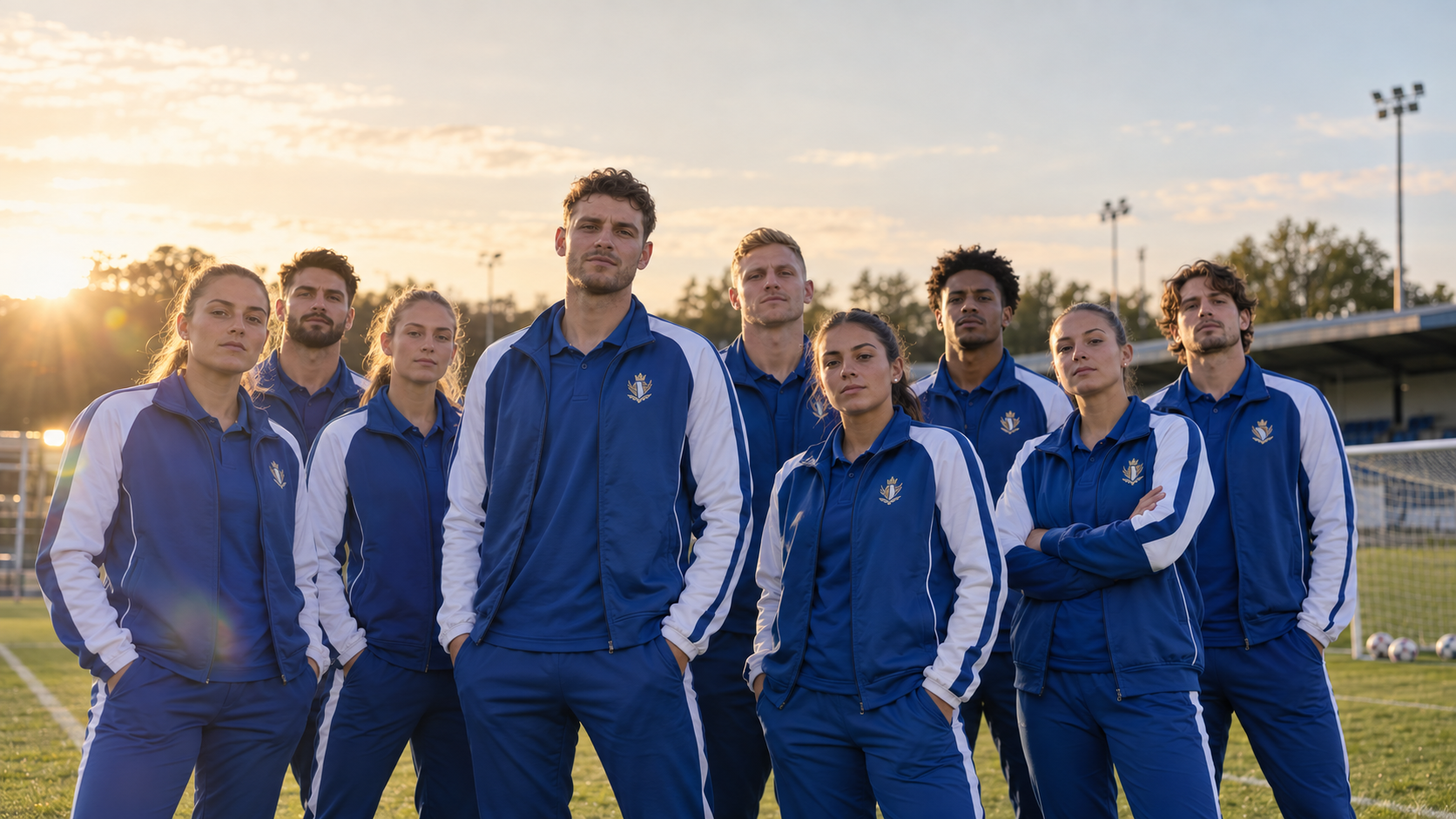 Sportmannschaft in einheitlicher blau-weißer Vereinskleidung auf dem Sportplatz