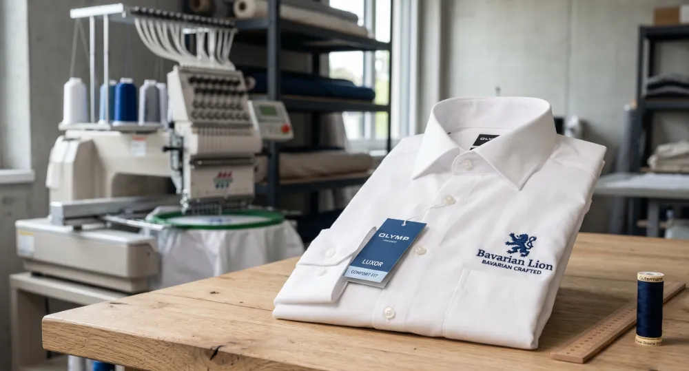 Weißes Business-Hemd mit Stickerei neben einer Stickmaschine