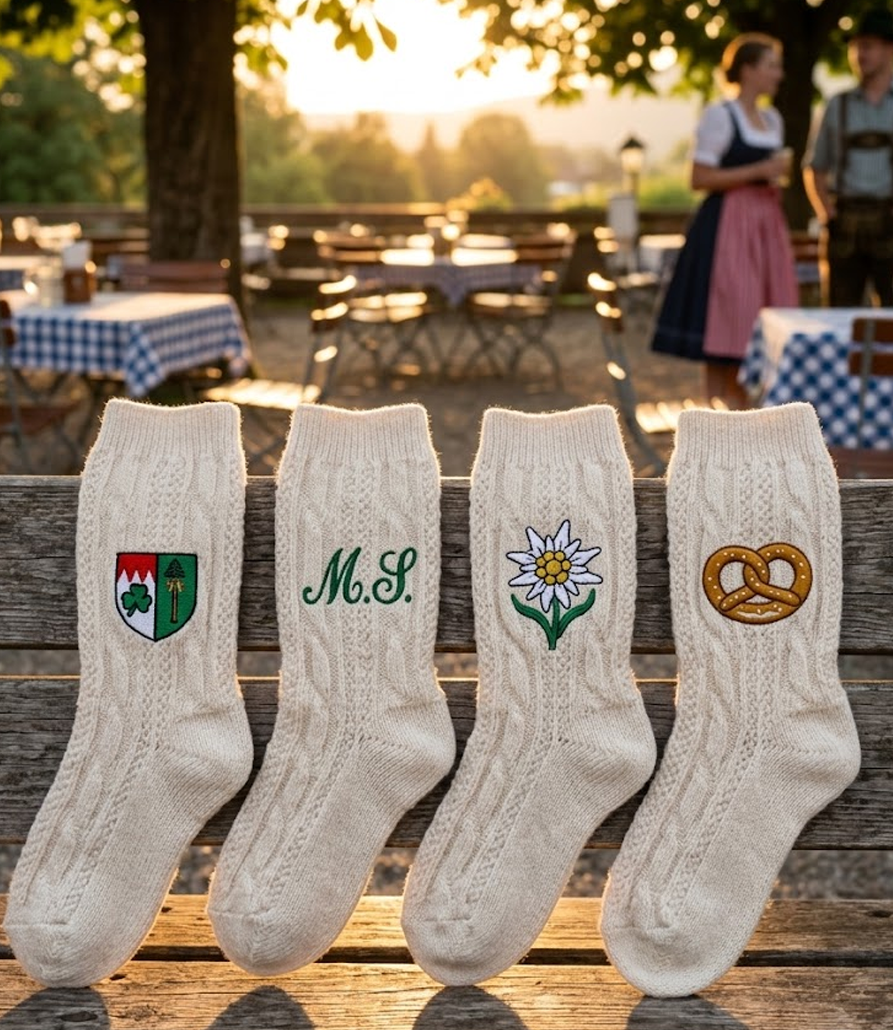Stickmaschine bestickt naturweiße Trachtenstrümpfe mit dunkelgrünem Hirschmotiv in der Stickerei Printerado Fürth