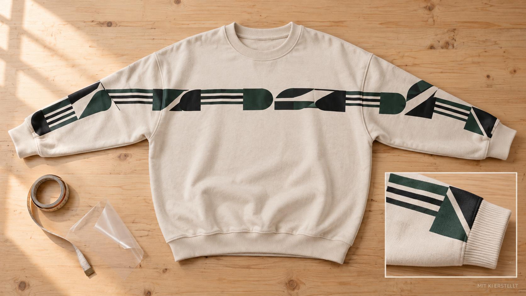 Beiger Loose-Fit-Crewneck flach ausgebreitet mit Druck über Ärmel und Brust, Detail am Rippbündchen