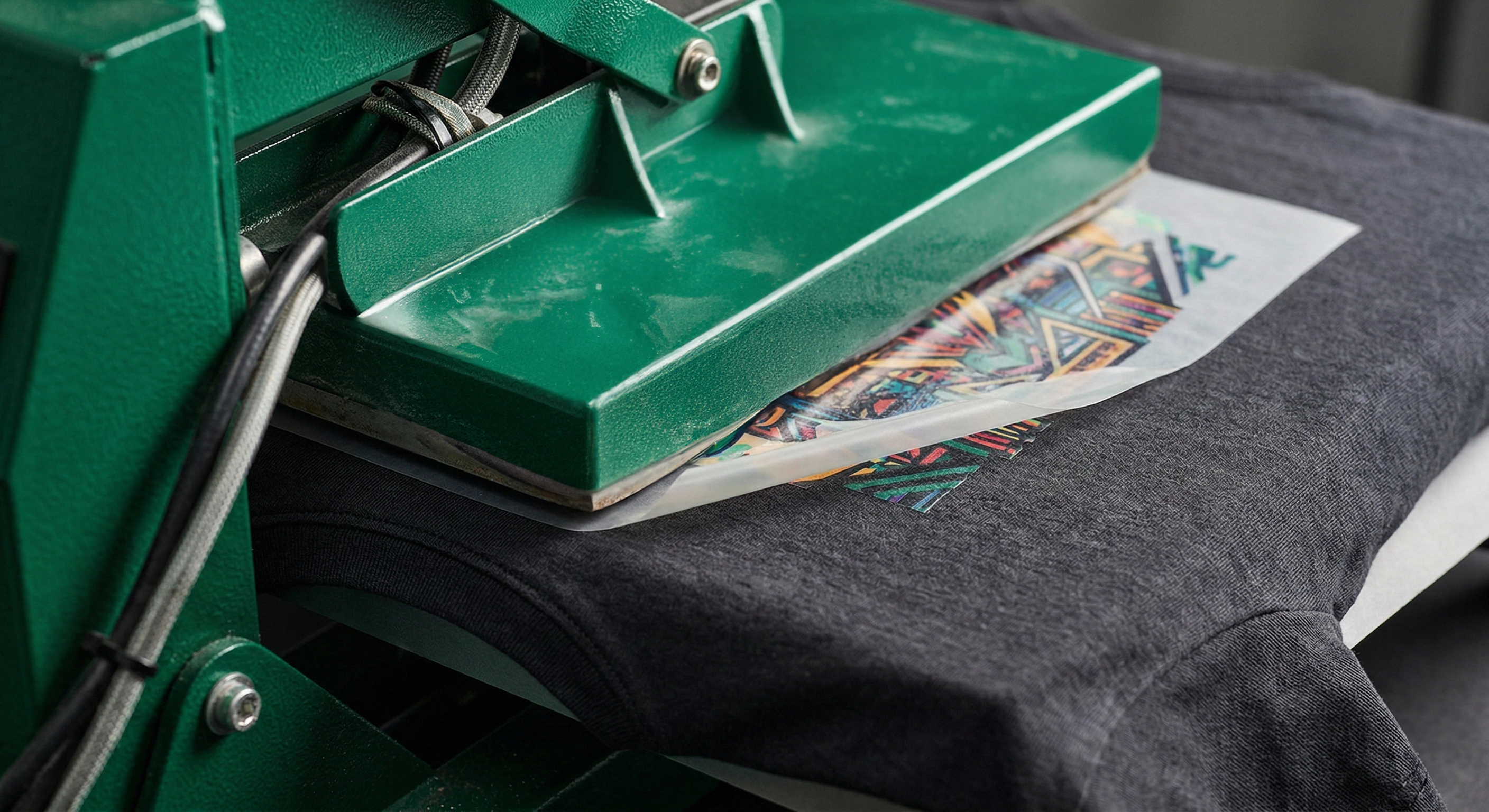 DTF-Transferdruck mit grüner Hitzepresse auf dunklem T-Shirt – bunte Transferfolie wird aufgebracht, Printerado Fürth