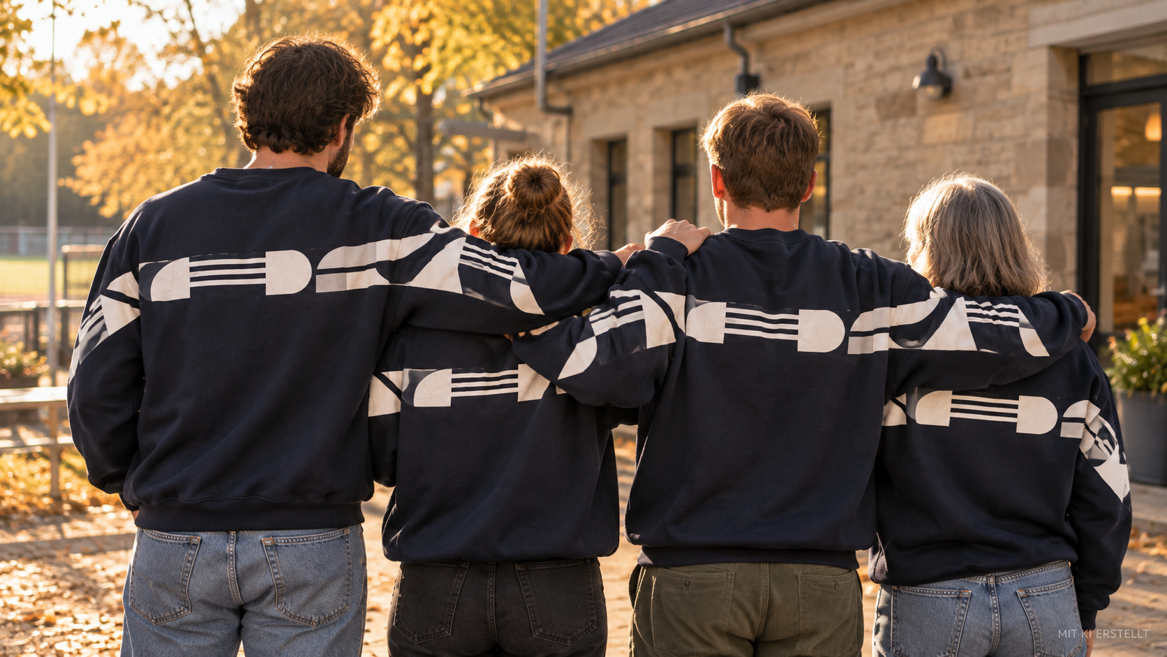 Vier Personen in einheitlichen Navy-Sweatern mit Ärmeldruck von hinten vor einem Vereinsheim