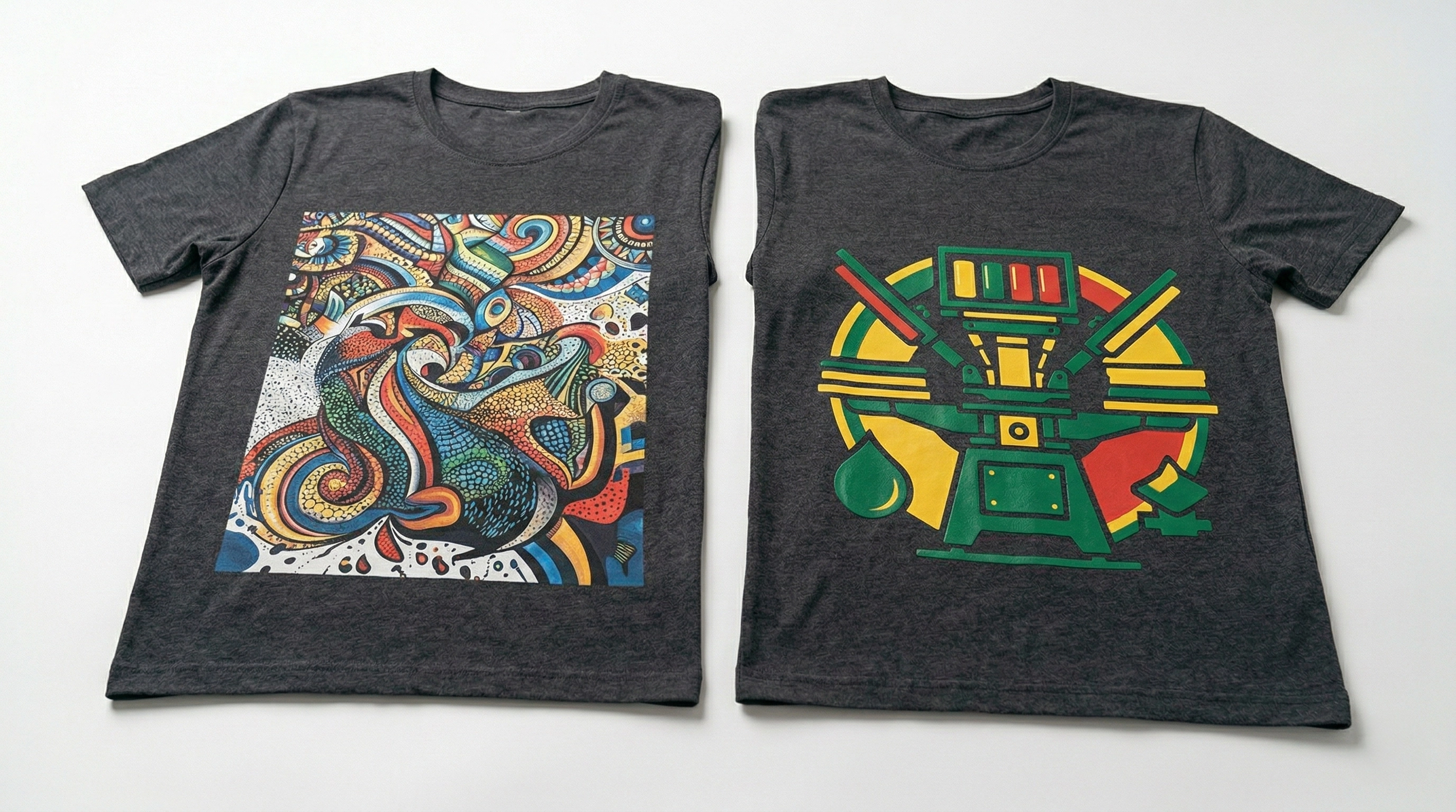 Vergleich DTG-Druck vs. Siebdruck: Zwei bedruckte T-Shirts – fotorealistischer DTG-Druck (links) und grafischer Siebdruck (rechts) – Printerado Fürth