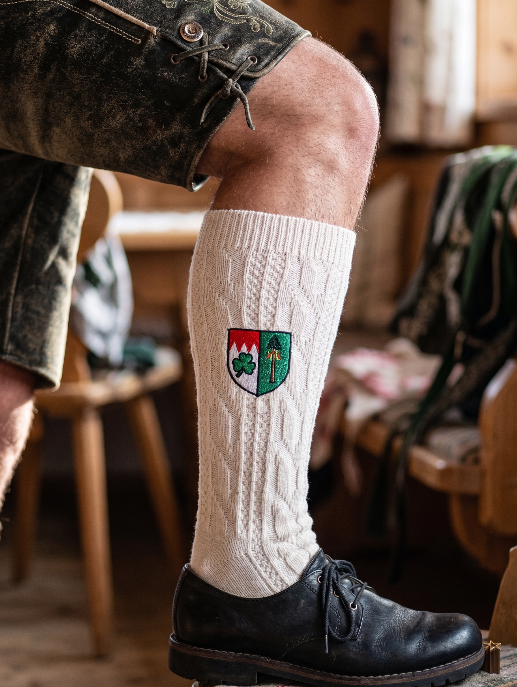 Bestickte Trachtenstrümpfe mit fränkischem Wappen, Monogramm, Edelweiß und Brezel-Motiv von Printerado Fürth
