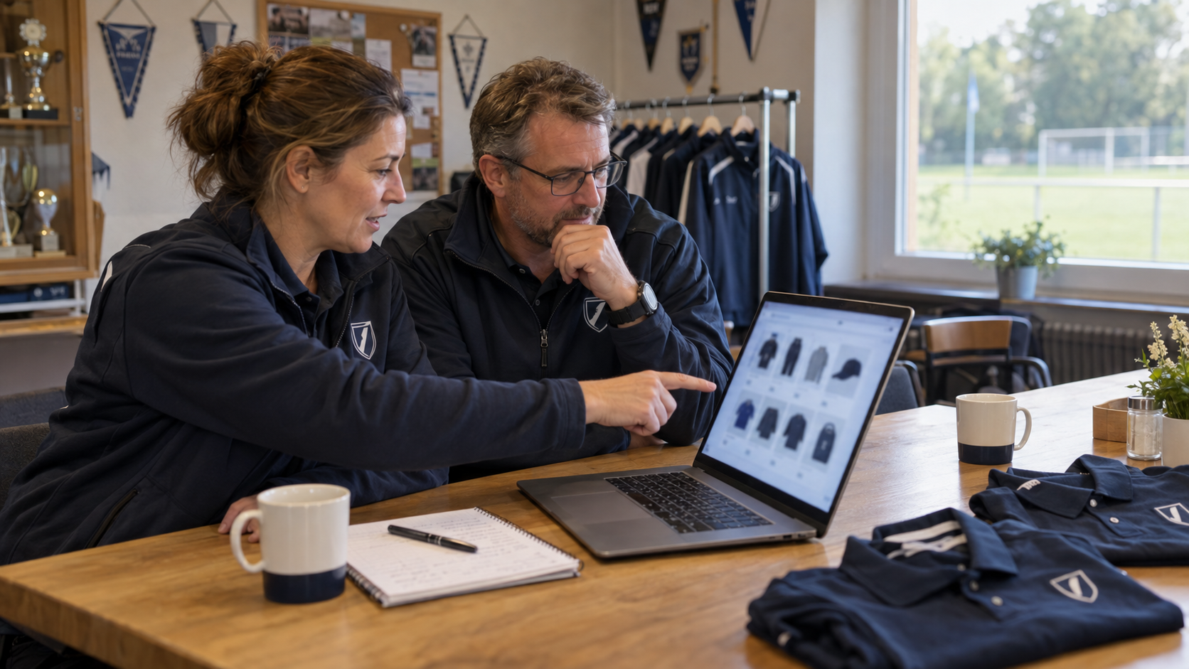 Zwei Vereinsvorstände bestellen Vereinskleidung über den Online-Vereinsshop am Laptop